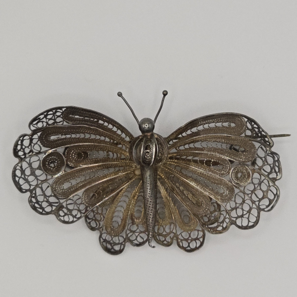 VTG Silver Filigree Butterfly Brooch Pin Pendant 1950s-60s Mid Century Jewelry